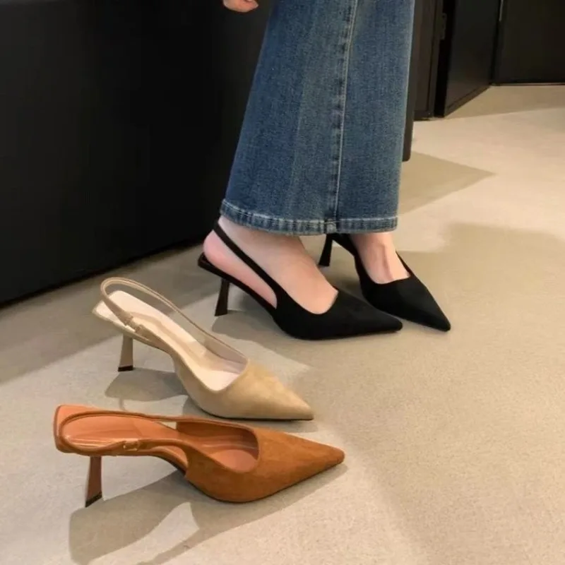 

SUOJIALUN Fashion Thin High Heels Slingback Sandals Pointed Toe Slip On Mules Shoes Ladies Elegant Shallow Pumps Party Dress Sho