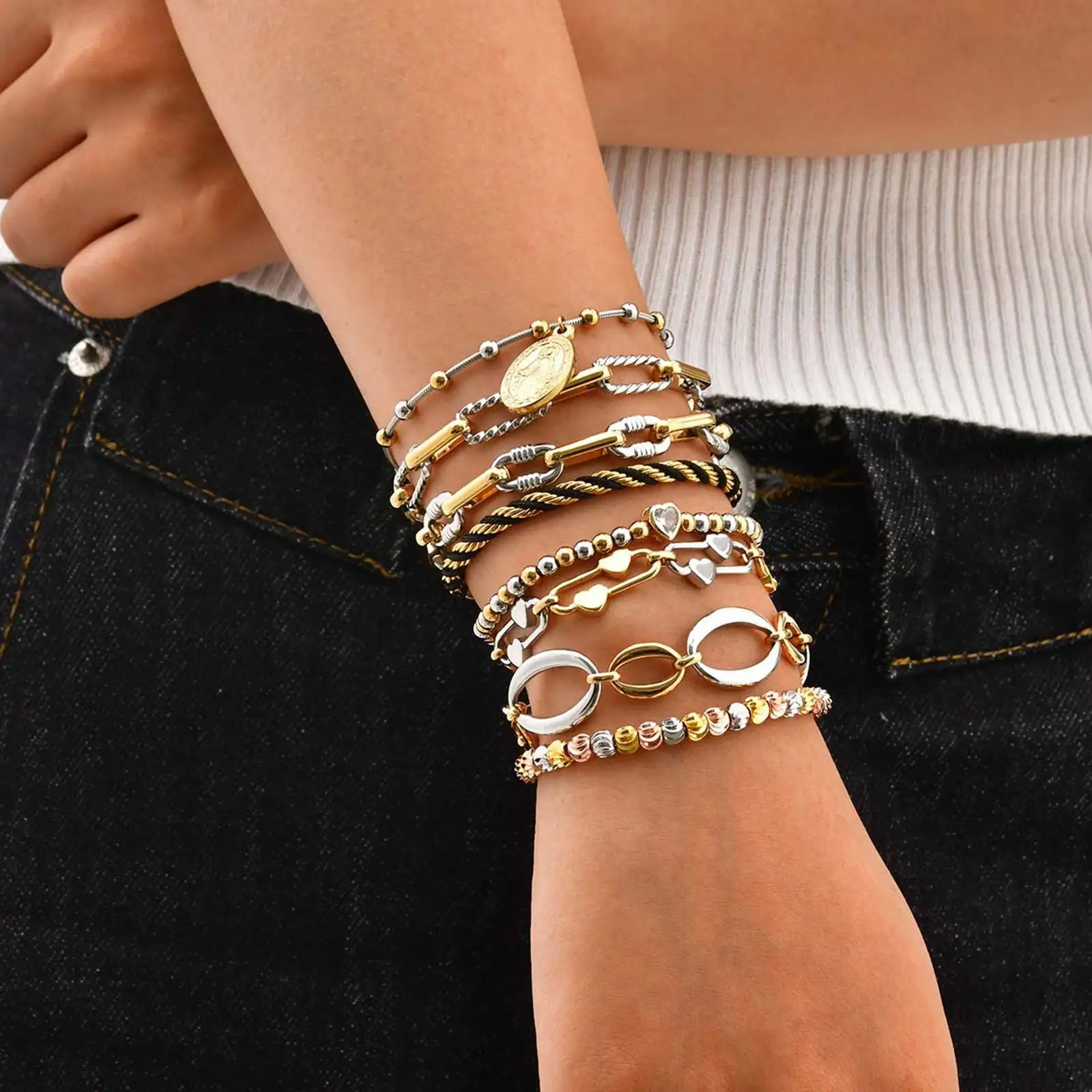 Chunky Two-Tone Mixed Metal Chain Bracelet - Stylish Adjustable Stainless Steel Waterproof Wristband