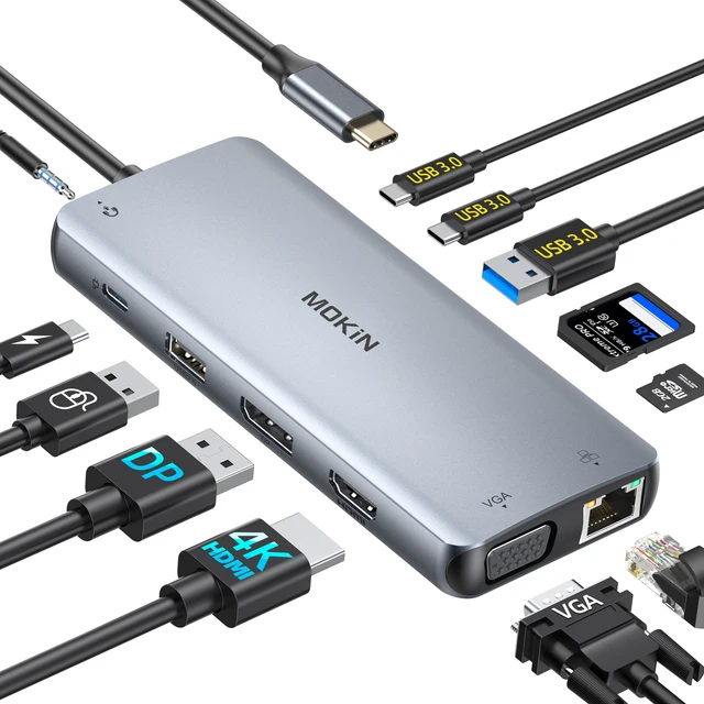 MOKiN 14 in 1 Docking Station Dual Monitor,USB C HUB with 4K60Hz HDMI,VGA,DP,RJ45 1Gbps,4 USB Ports,SD/TF,Hub for HP Dell Lenovo