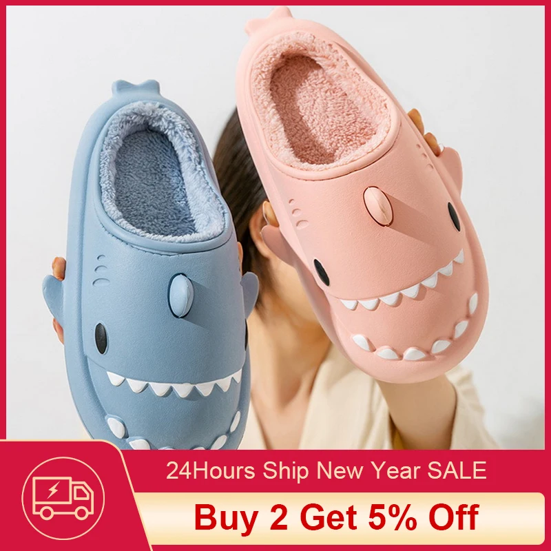 Soft Cute Cartoon Shark Cotton Slippers Adults Kids Warm Winter Shoes Parents Children Waterproof Indoor Outdoor Plush Slides