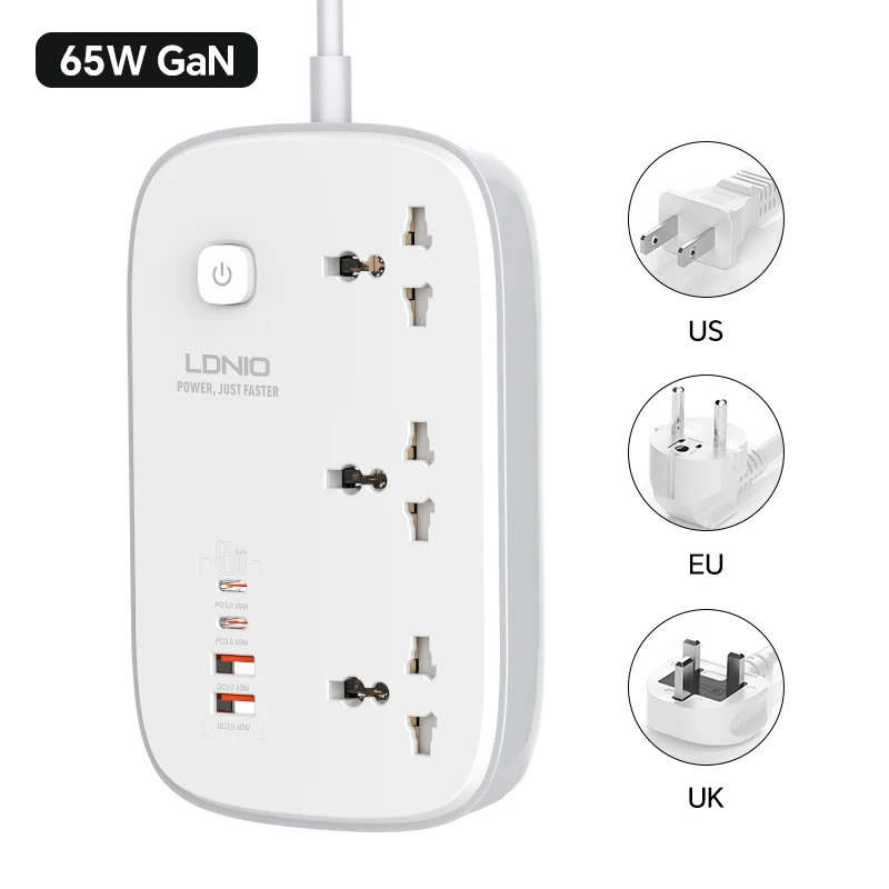 LDNIO SC3416 65W GaN UK/US/EU Plug Universal Surge Protector 3250W With USB PD Extension Socket Power Strip Extension Socket
