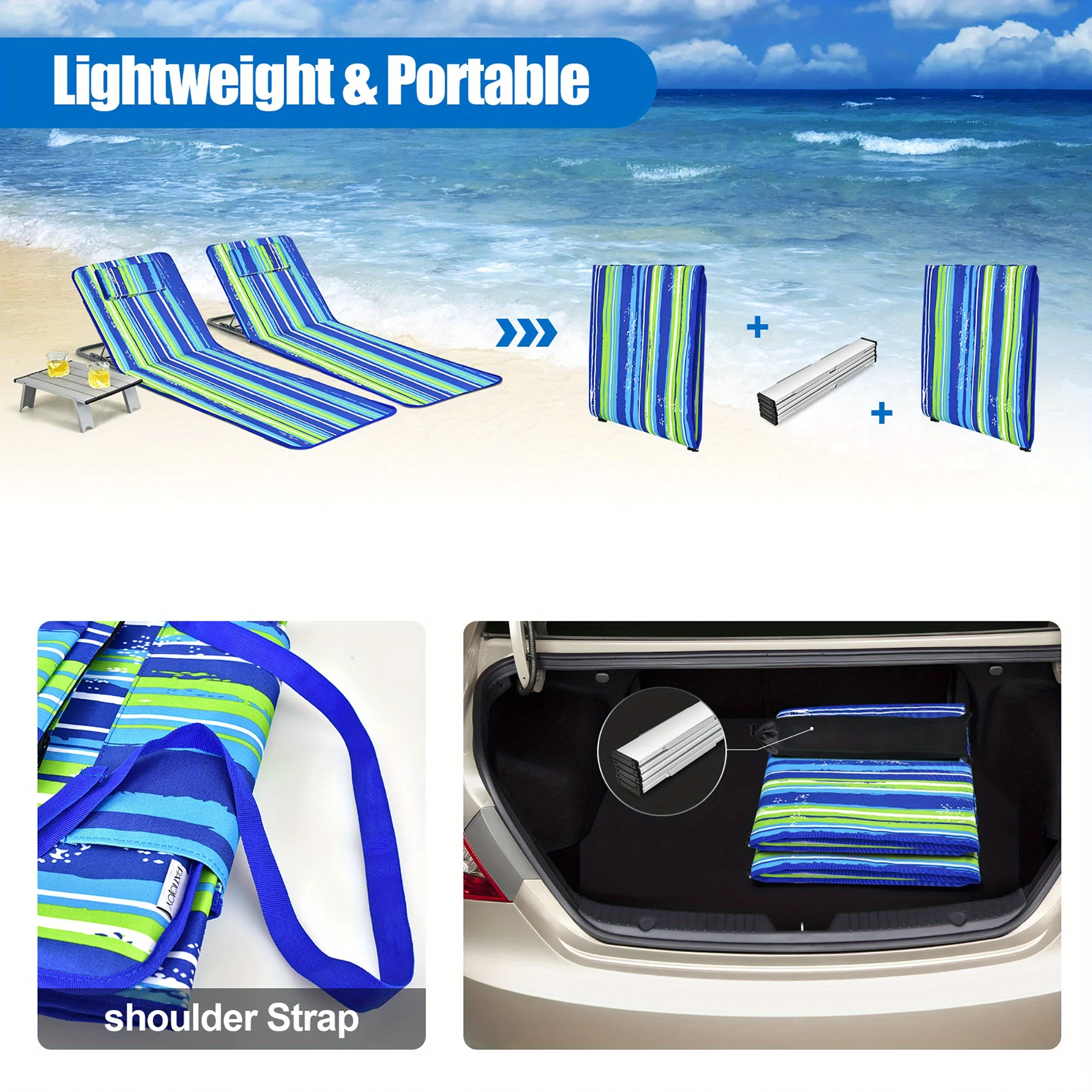 Lounge Chair Mat Set - Adjustable Chairs with Sunbathing Table, Striped Style for Ultimate Relaxation 5