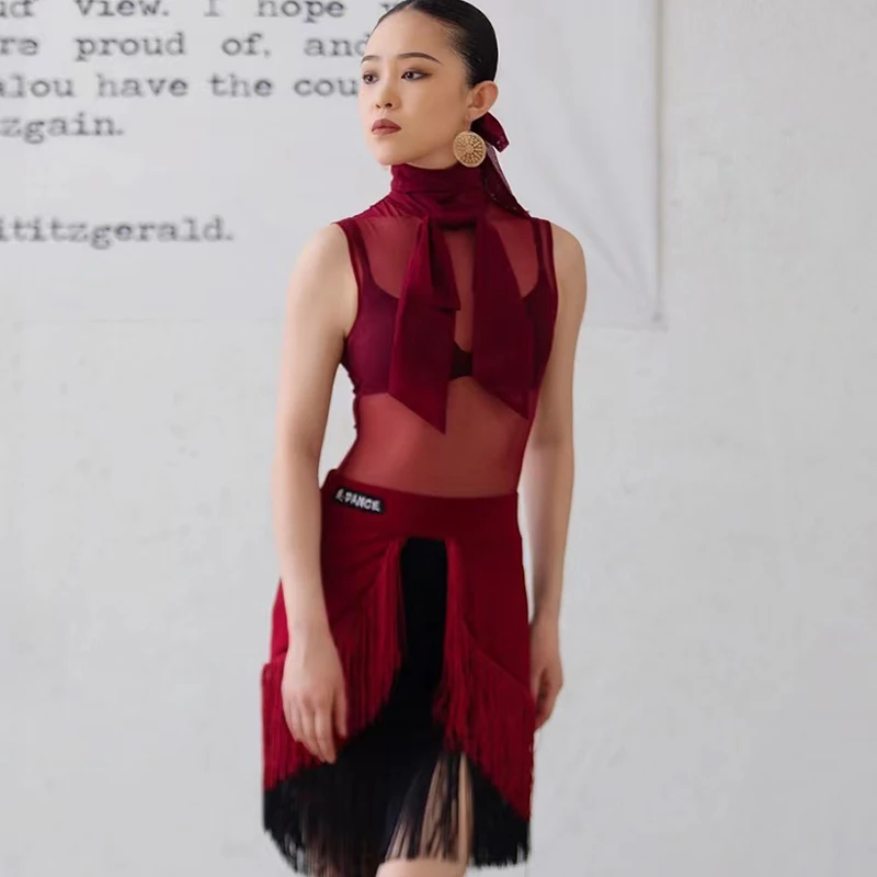 

New Latin Dance Women'S Training Dress Wine Red Mesh Top With Contrast Fringe Skirt Female Latin Dance Practice Clothes DQS11065