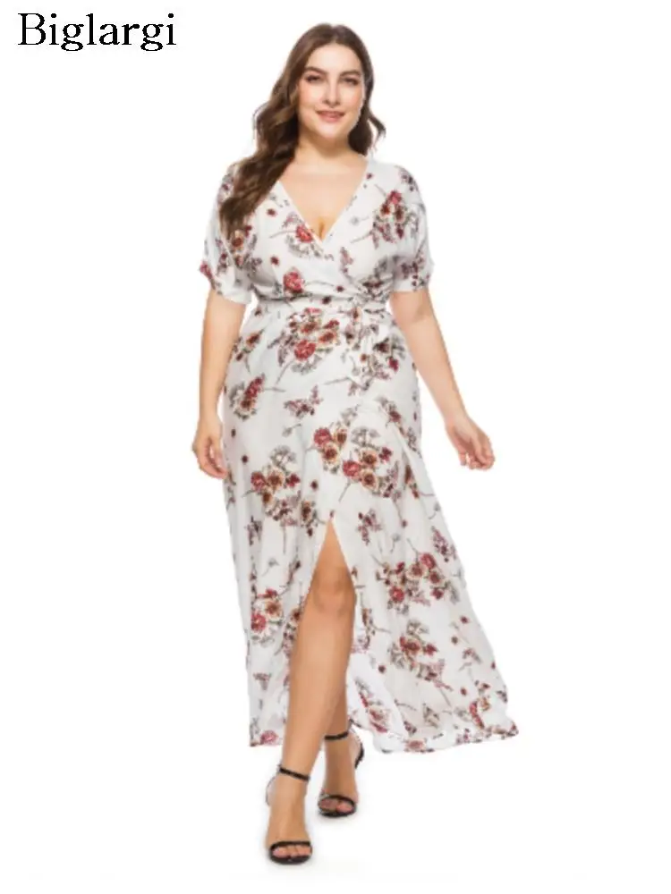 

Plus Size Summer Floral Long Dress Women Flower Print Loose Ladies Dresses Casual Fashion Split Woman Dress 2023