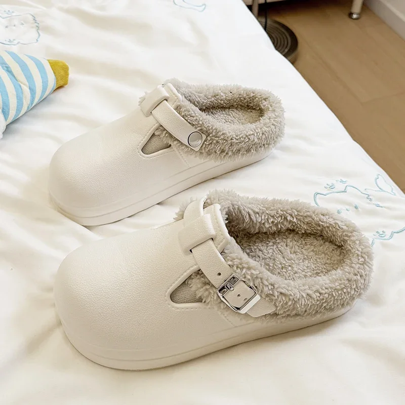 Waterproof Closed Toe Eva Birken Slippers 2025 Winter Warm Plush Home Slippers Woman Non Slip Flat Heels Indoor Cotton Shoes