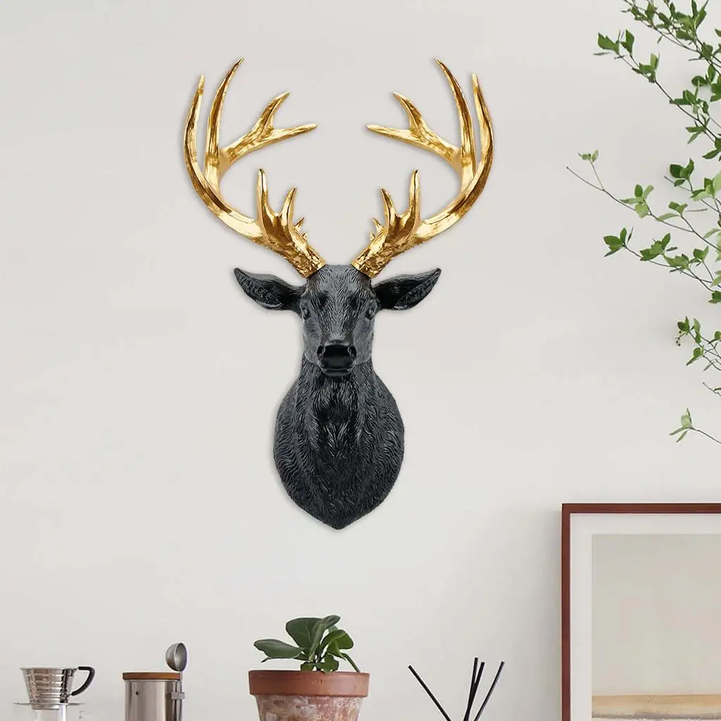 Faux Deer Head Antlers Statue Figurines Sculpture Wall Mount Bust Art Resin