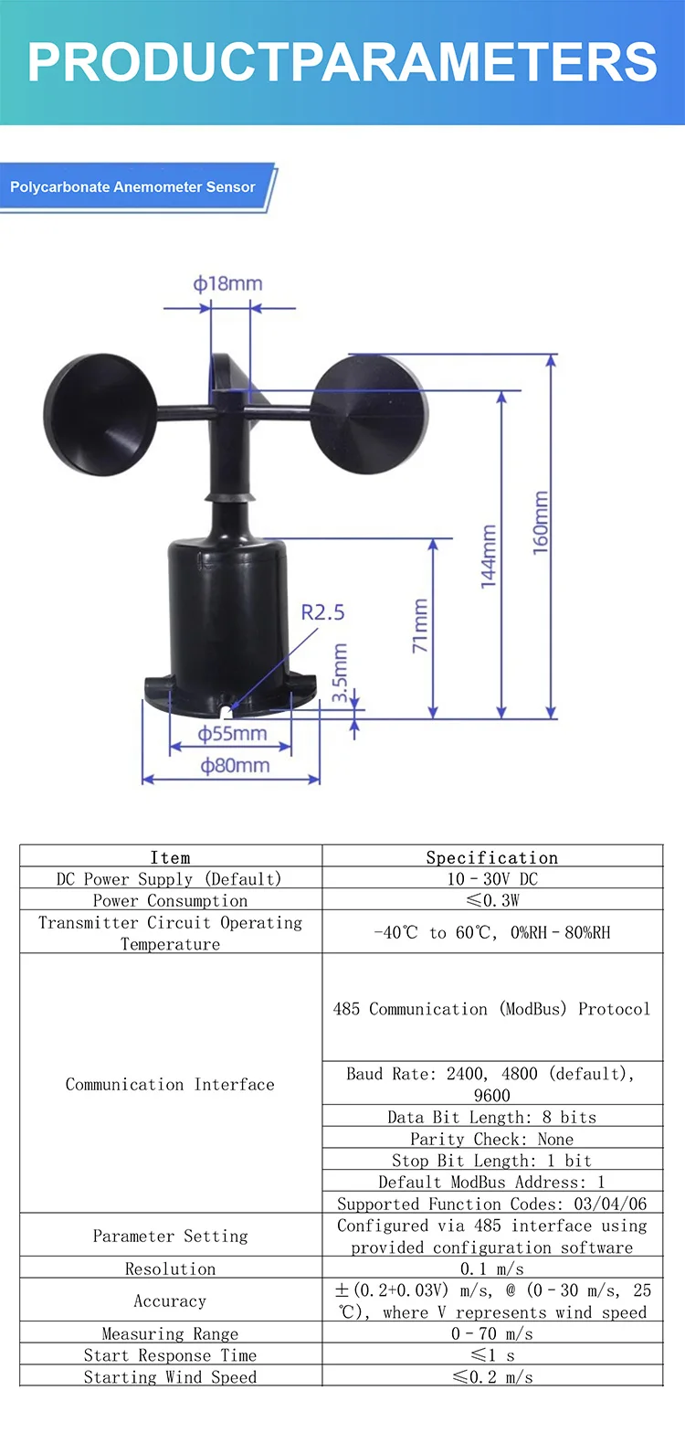 ZTS-3000 Wind Speed and Direction Sensor RS485 Cup Anemometer 4-20mA Output for