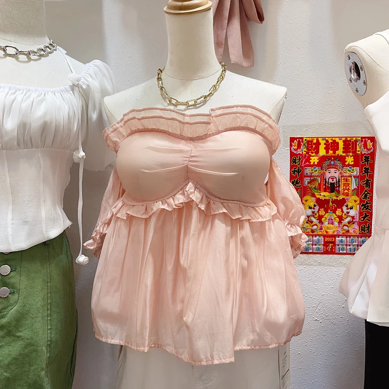 

Summer Vintage Blusas Mujer De Moda 2023 Slash Neck Sexy Off-shoulder Solid Color Blouses Fungus Edge Design Sense Slim Shirt