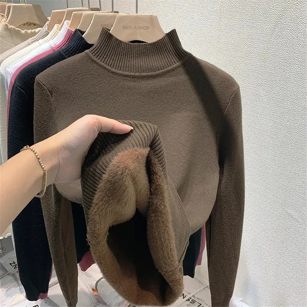 

Women Winter Keep Warm Sweater Half Turtleneck Plus Velvet Thicken Bottoming Tops Long-Sleeved Solid Pullover Thermal Knitwear