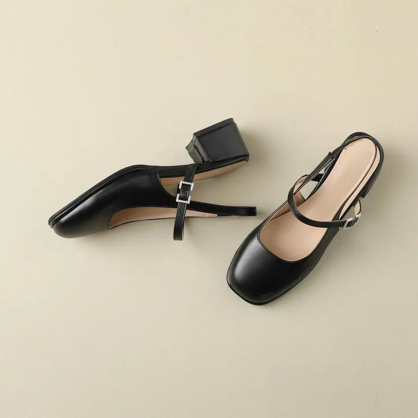 QUTAA Women Pumps Spring Summer Slingbacks Sandals Working Thick Med Heels Genuine Leather Shoes Woman Size 34-43