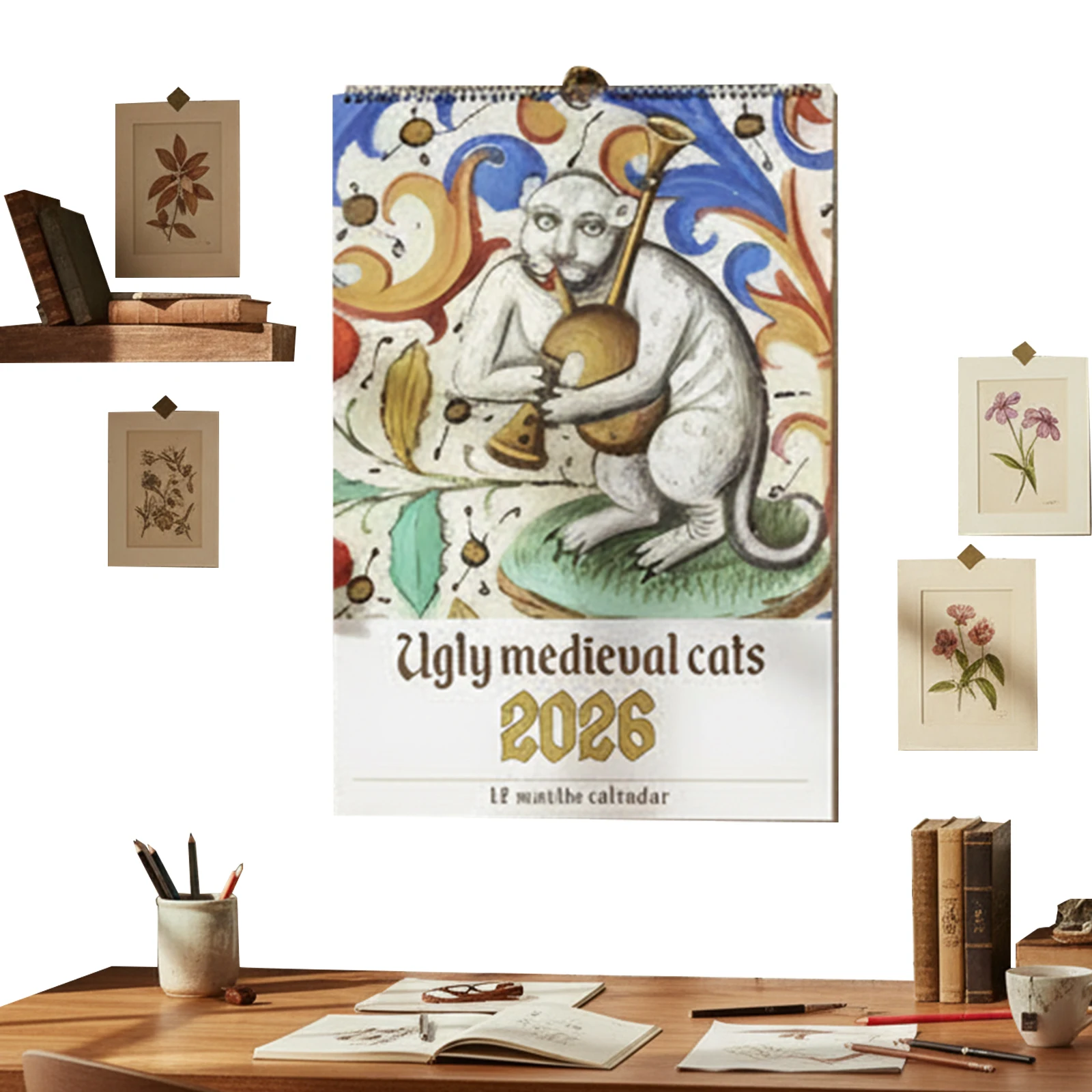 2026 Weird Medieval Cat Art Monthly Wall Calendar, Ugly Cat Paintings through the Ages,12" x 9" White Elephant or Gag Gift 2026