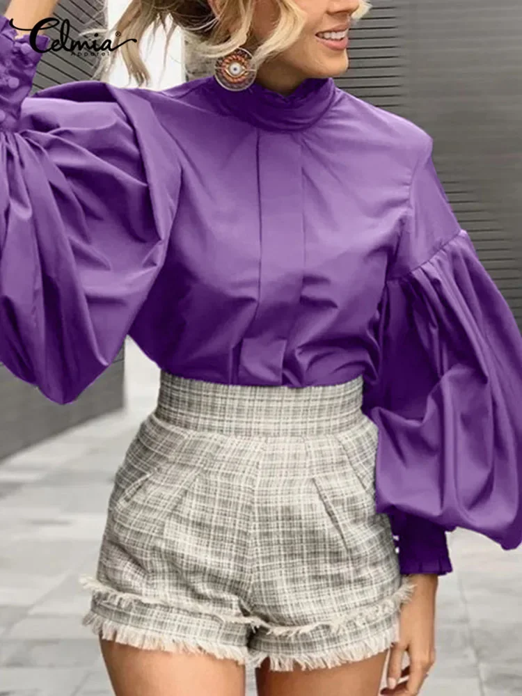 

Celmia Shirts and Blouses for Women Fashion 2023 Purple Tops Elegant Lantern Sleeve Chic Blusa Autumn Stylish Clothing Oversized