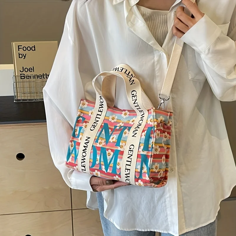 Dopamine Colorful Women's Crossbody Bags Fashionable Canvas Shoulder Bag Flower Print Tote Handbags Shopping Bag