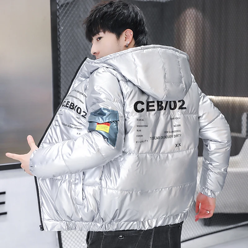 New Casual Bright Hooded Cotton-Padded Jackets Men's 2023 Autumn Winter Warm Down Coats Tops Clothing Youth Outwear Thick Parkas