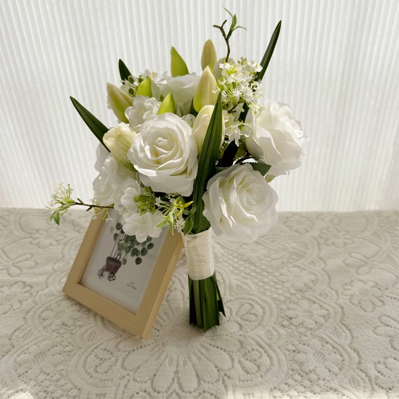 White Rose Artificial Flower Bouquet Korean Sle Fren Bridal Handheld Flower for Wedding Certifie Photoaphy