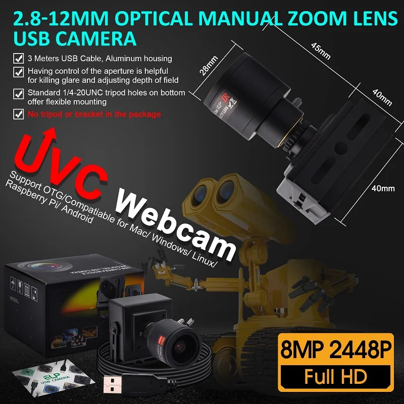 ELP High Resolution 8 Megapixel industrial USB Camera with 2.8-12mm lens manual zoom webcam usb free driver