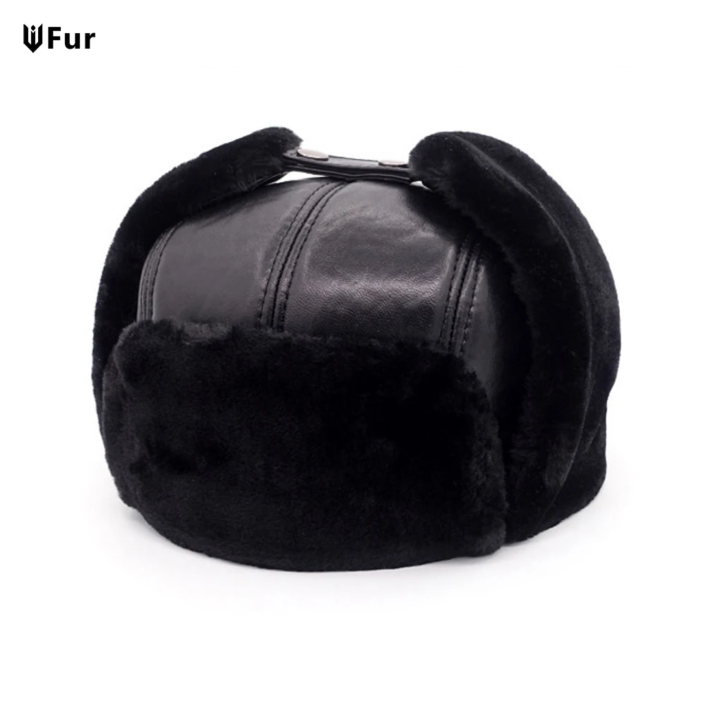 Russia Adult Caps Men Sheepskin Leather Bomber Hats Male Casual Winter mens hat
