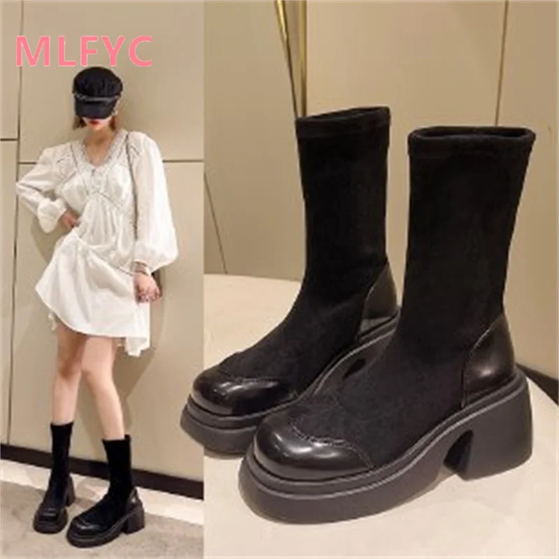 2023 Autumn/Winter Thick Sole Elastic Boots Women's Versatile Casual Boots female Retro Thick Heel Short Boots