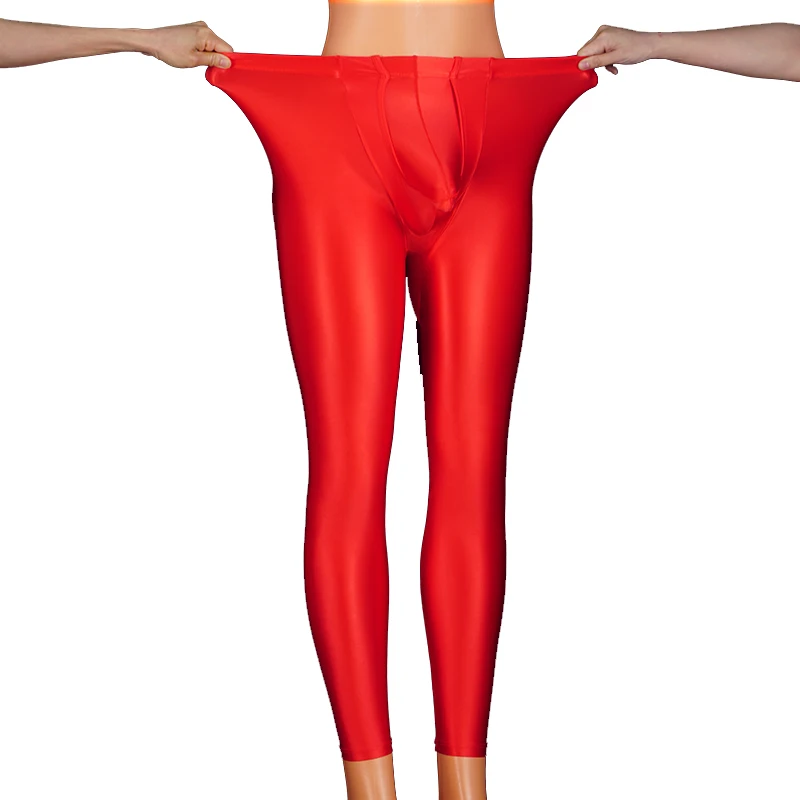 Men's Elastic Leggings Sexy Long Penis Pouch Underpants Male Underwear Elephant Bulge Shiny Glossy Pants