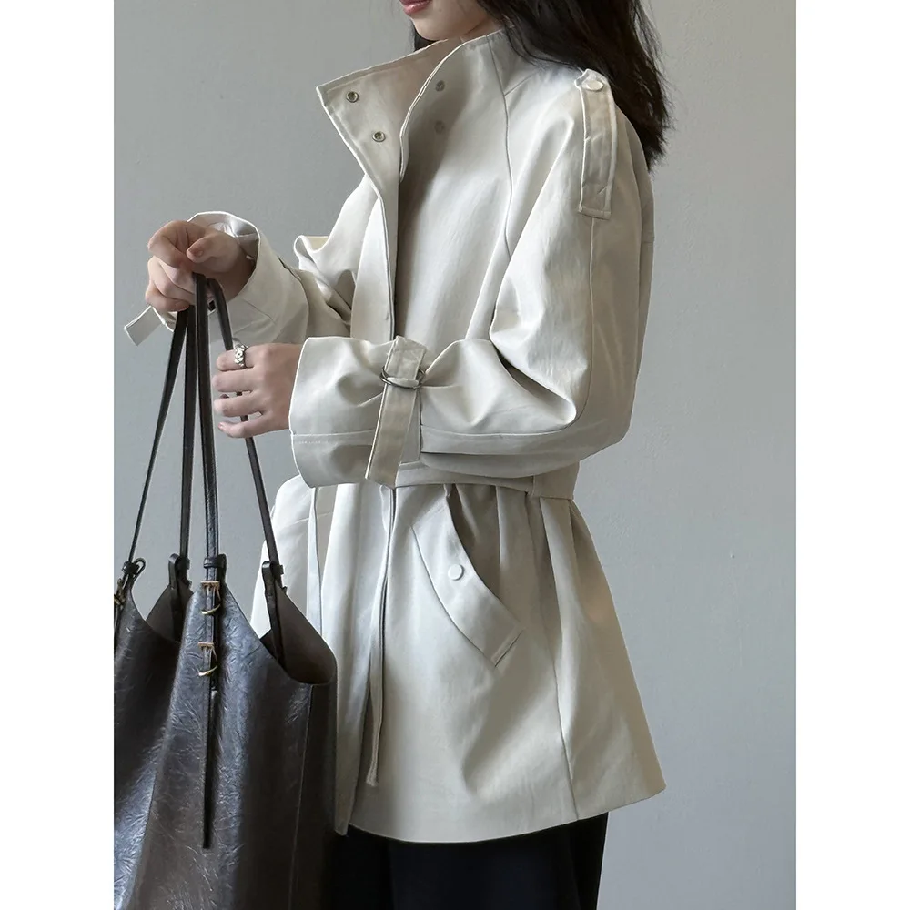 Stand Collar Trench Women, Loose Casual Tie Waist Short Coat For