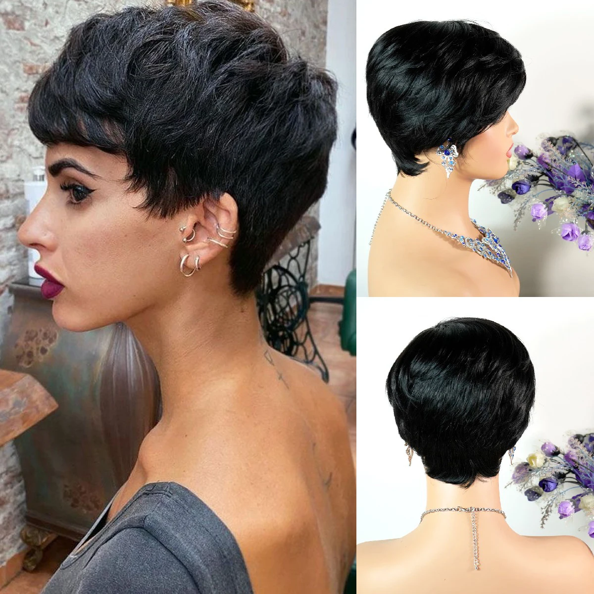 

Natural Black Pixie Cut Human Hair Wig with Bangs for Women Afro Brazilian 100% Remy Human Hair Short Bob Layered Cheap Wigs