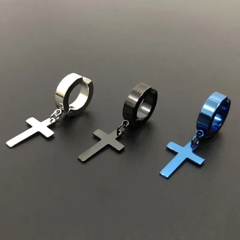 Ear Clip Earrings 1pc Fake Piercing Stainless Steel Clip on Non Piercing For Women Men Cross Gothic Punk Rock Drop Pendiente