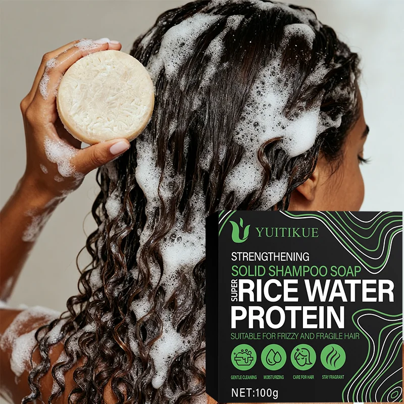 Solid shampoo bar with super rice water protein, suitable for frizzy and fragile hair, gently cleanses.