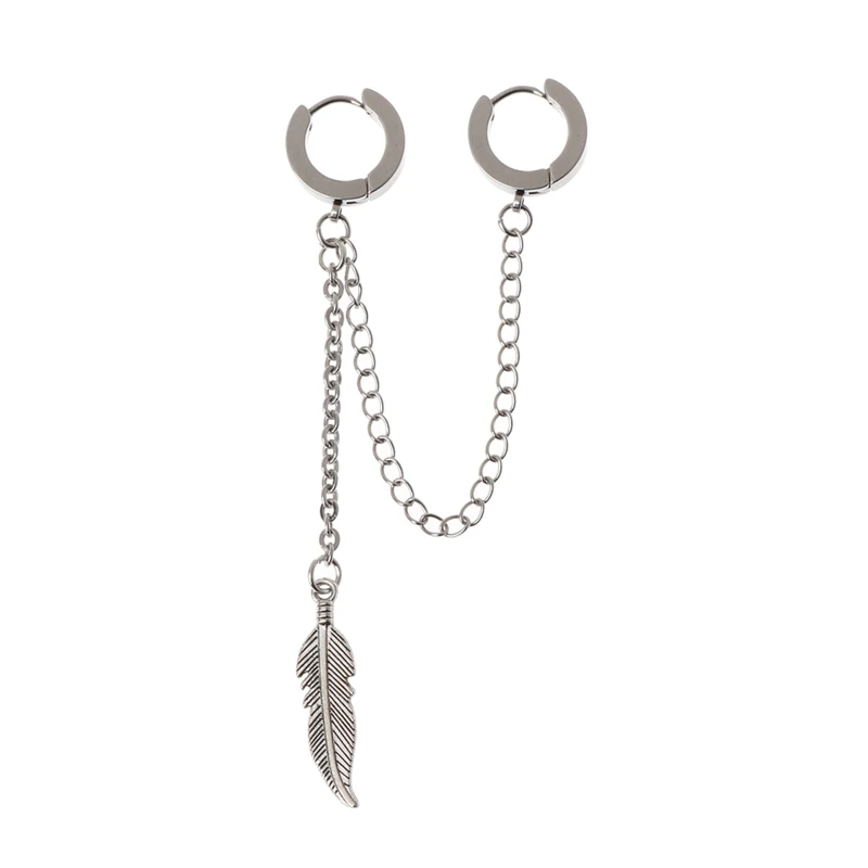 Fashion Earrings for Men Titanium Feather Pendant Double Long Chain Women Korean Jewelry | Украшения и аксессуары