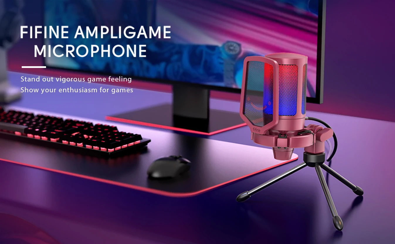 FIFINE A6V RGB USB Gaming Microphone for PC, Streaming Condenser Mic with Pop Filter, Shock Mount, Gain Control, Plug & Play