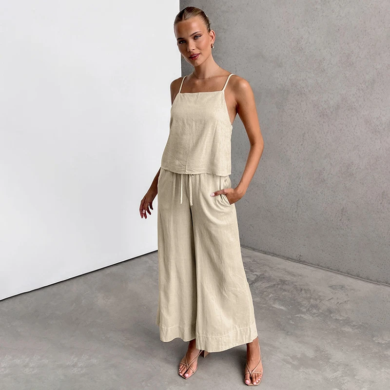 Summer Cool Cotton Linen Solid Suspender Tops Pants Pajamas Two-Piece Sets Fashion Loose Casual Comfortable Women Home Sleepwear