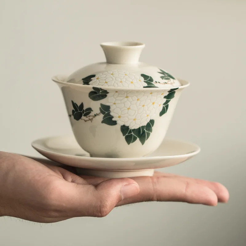 Ceramic Handmade Kung Fu Zen Gaiwan, Creative Hand-painted Chrysanthemum Tea Set, Office Tea Bowl with Saucer, Drinkware