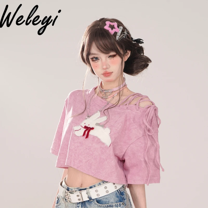 

Women's New Short Tees Top 2024 Summer All Match Streetwear Pink Strapless Diagonal Collar Sweet and Spicy Shorts Sleeve T Shirt