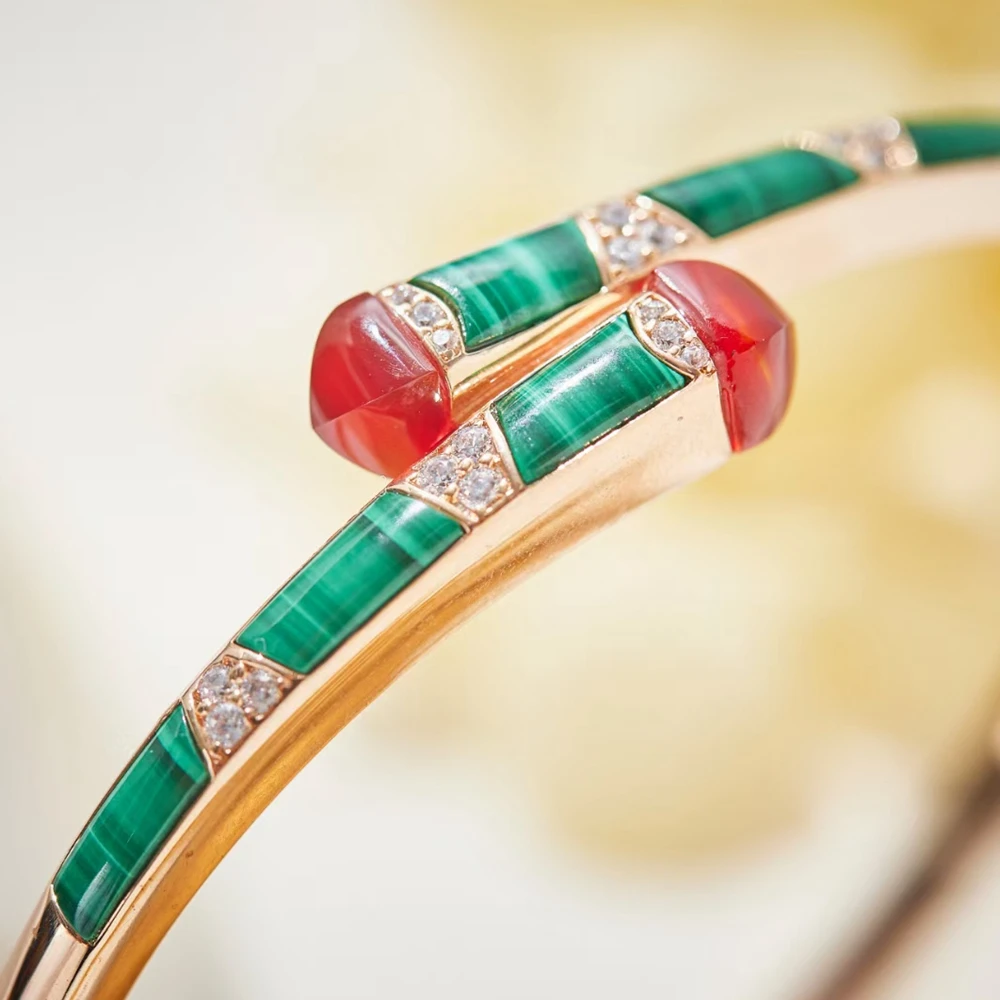 

Luxury High quality Ruby Red Green Malachite Gemstone Bangle Bracelets Rose Gold Plated Designer Jewelry for Women 2024 New