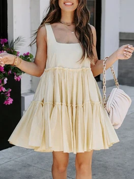 Women's Summer Mini Tank Dresses Sleeveless Solid Color Square Neck Tiered Beach Dresses 4