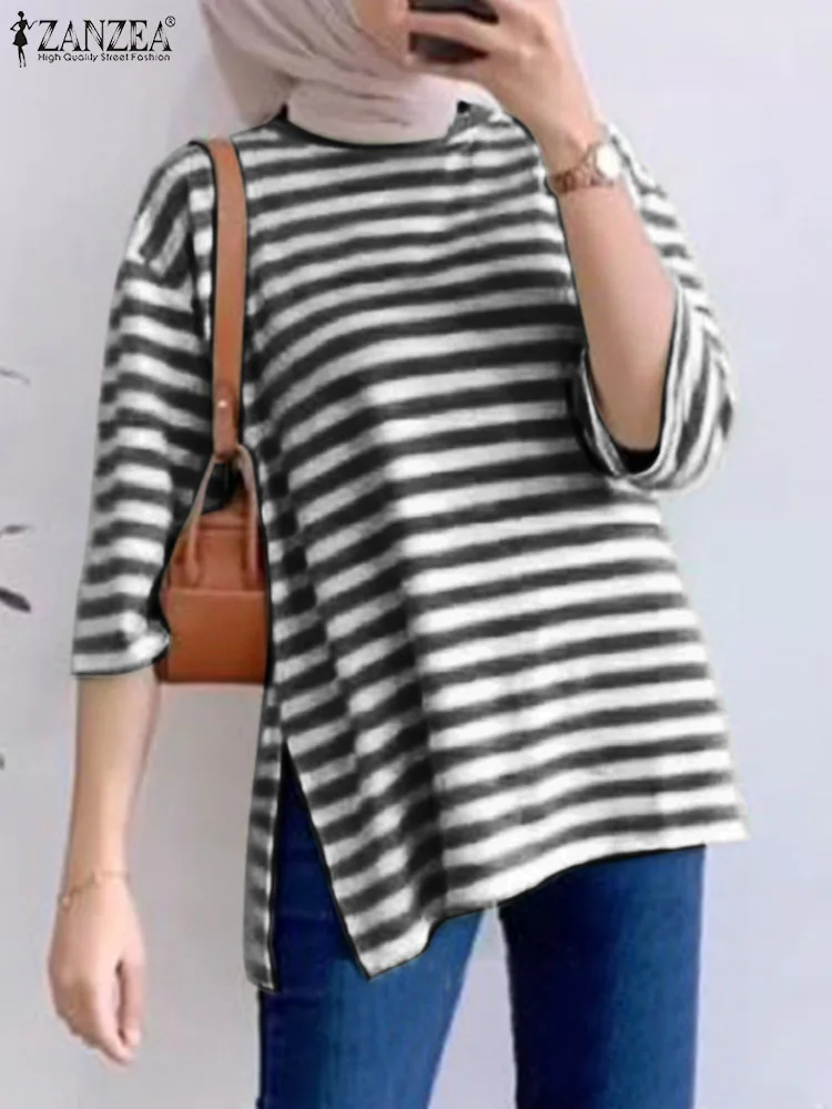 

ZANZEA Autumn Casual Muslim Blouse Woman Vintage Abaya Kaftan Tops Stylish Stripe Printed Blusas Elegant Split Hem Shirt 2023
