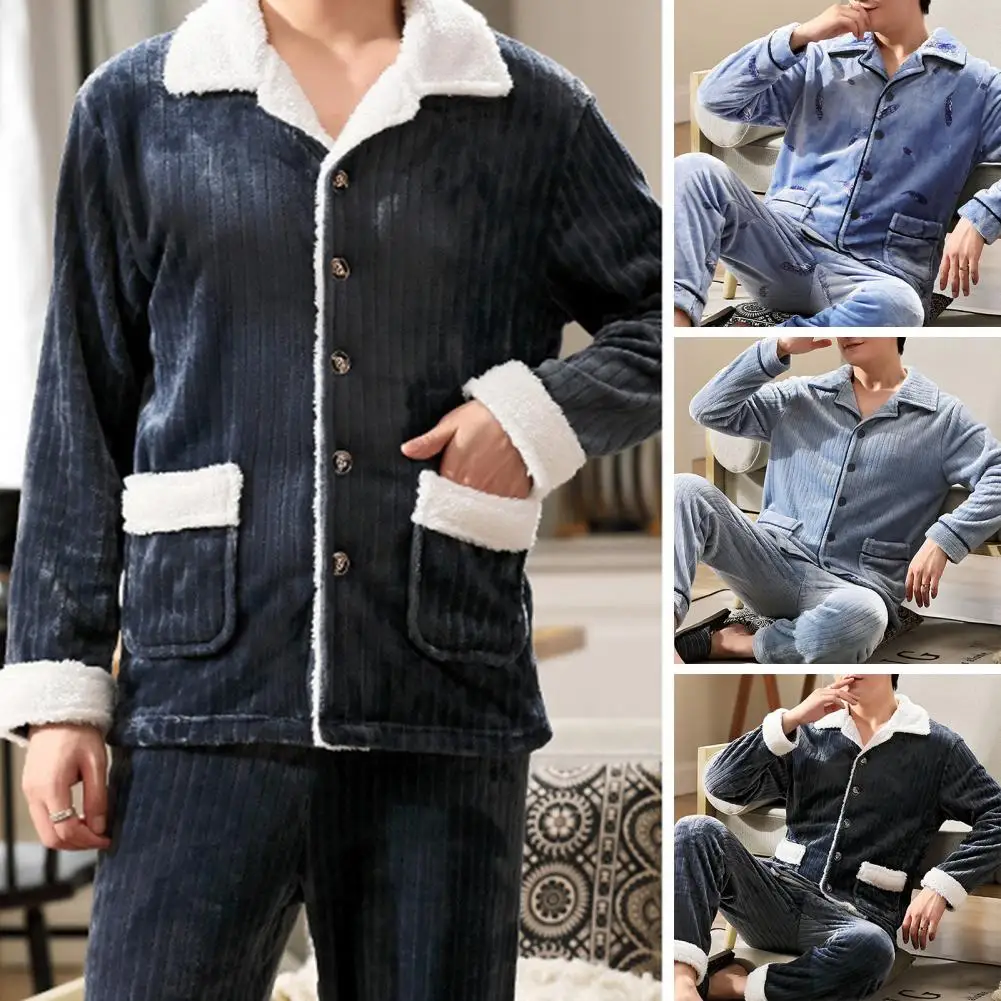 Loungewear Set Men's Winter Pajamas Set with Lapel Striped Top Elastic Waist Pants Thick Warm Soft Homewear with Pockets for Men
