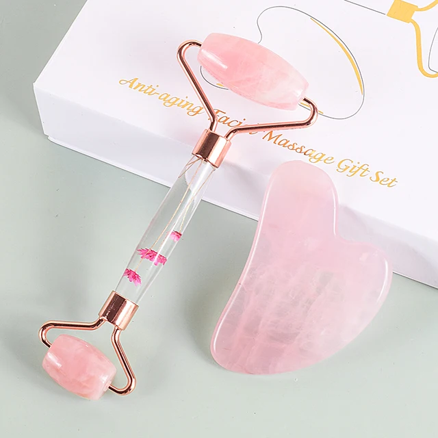 Rodillo facial de jade y Gua Sha natural: Kit Rose Quartz Duo | Emoape