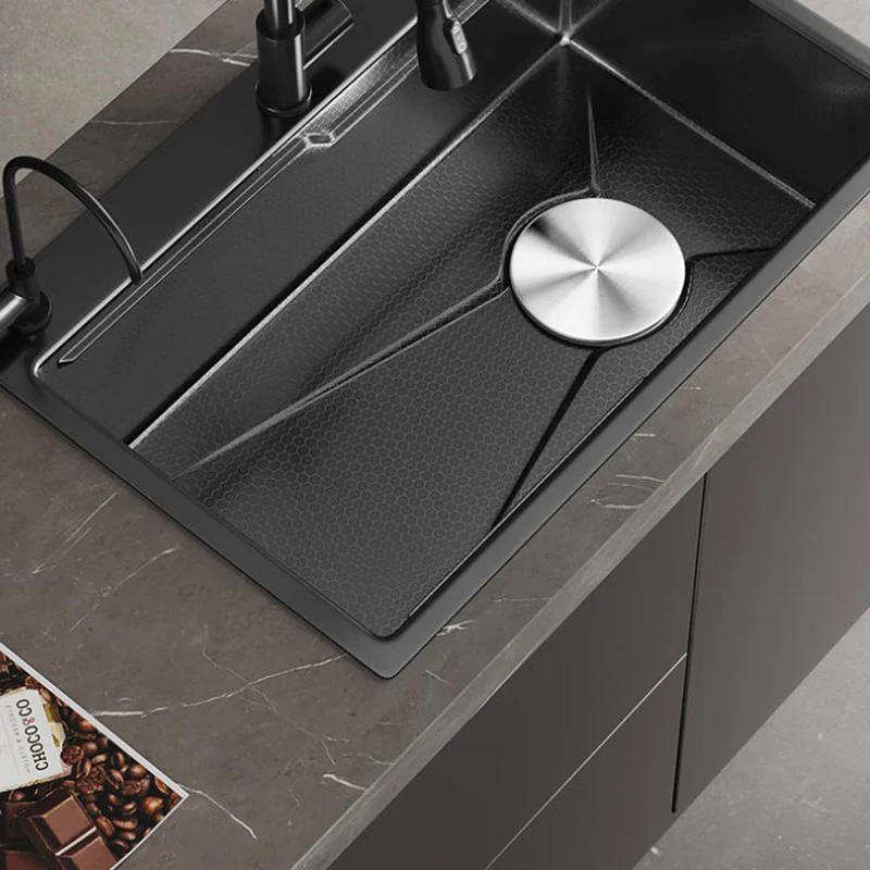 Handmade Black Nano Honeycomb Embossed Stainless Steel Kitchen Sink Single Bowl Undermount with Square Shape and Three Holes