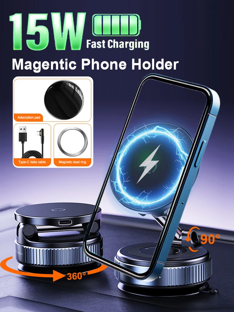 Vakuumadsorption, magnetischer Telefonhalter, 360 Grad drehbar, 15 W, kabelloses Ladegerät, Desktop-Windschutzscheiben-Sauger, GPS-Navigationsständer – Detail 1