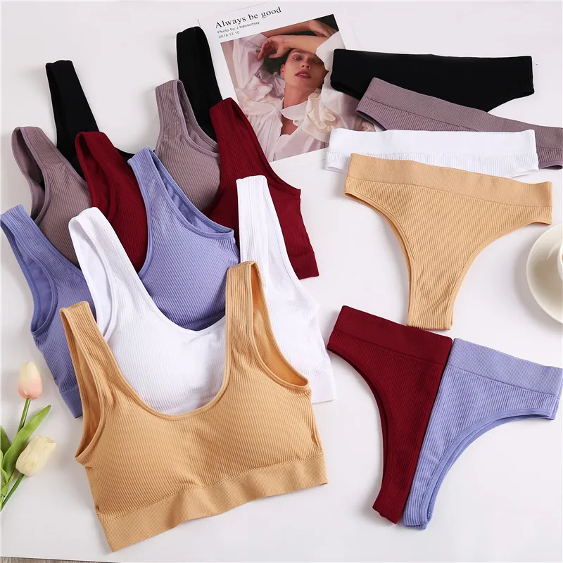 2PCS/Set Underwear Women Seamless Bra Wireless Bralette Lingerie Sexy High Waisted Panties Cotton Woman Lingerie_voghion.com