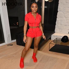 

Solid Color Women Casual 2 Piece Sets Womens Outfits 2022 Summer Zip Short Sleeve Hooded Crop Tops Biker Shorts Female Tracksuit