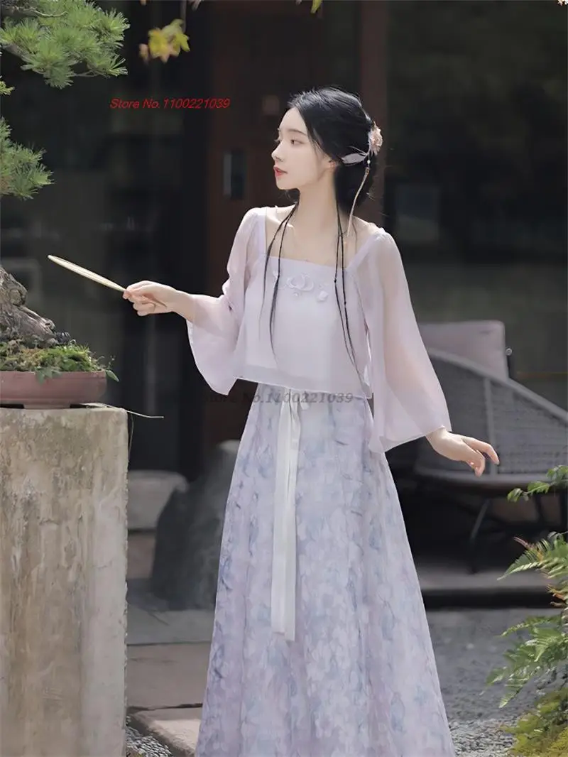 

2023 chinese improved hanfu national flower embroidery chiffon tops+folk skirt oriental fairy princess costume tea service hanfu