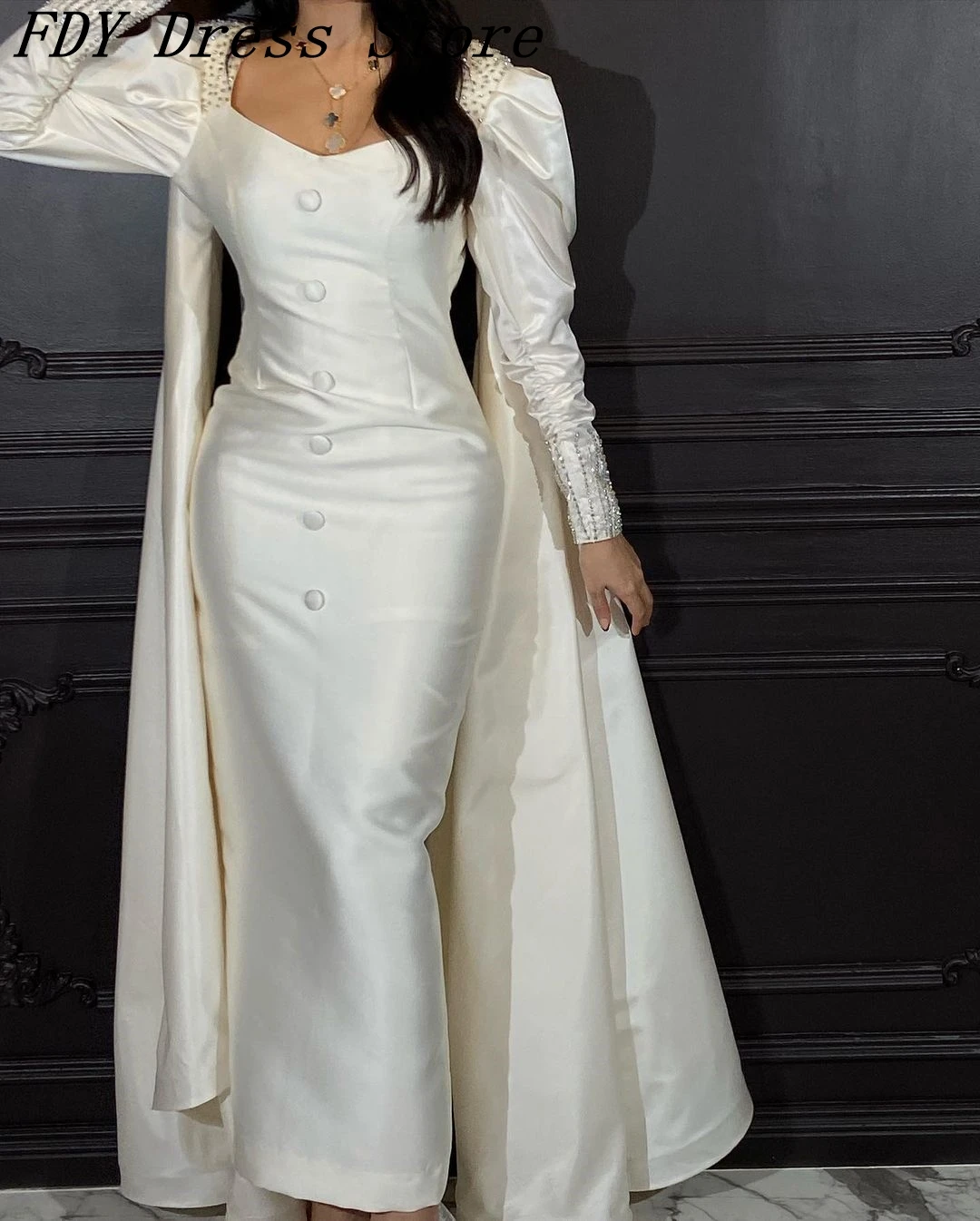 

Vintage Mermaid Evening Dresses Beadings Long Sleeves Prom Dresses Back Zipper Ankle Length Formal Party Dresses