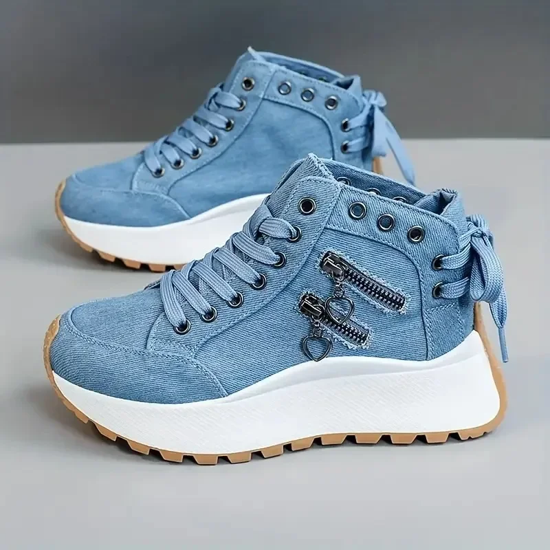 Chic Women's High-Top Denim Canvas Lace-Up Platform Sneakers