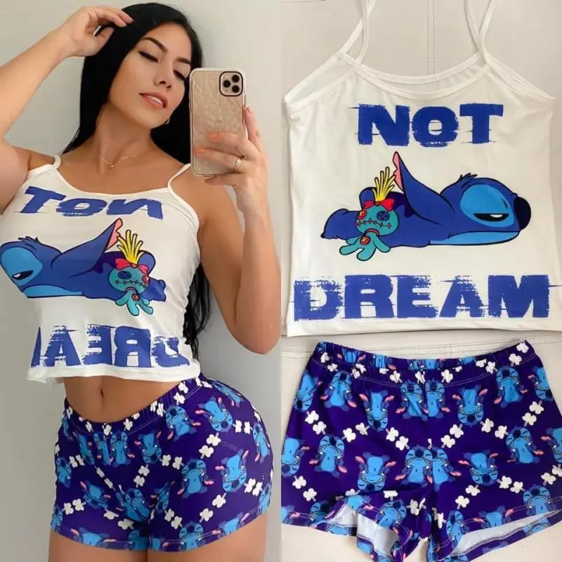 Kawaii Disney Stitch T-Shirt A Maniche Corte Summer Cartoon New Two-Piece Yoga Suit Pantaloncini Sportivi Suit Sexy Bretella Pigiama Suit