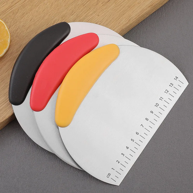Dough Scraper Baking Tool Dough Cutter Baking Accessories Bread Cutter Stainless Steel Pastry Cutter Half Round Scraper Dough Bread Chopper Scale Pizza Cutter Comfortable Handle Kitchen Baking Tools