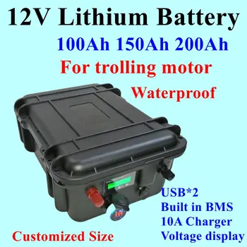 Batteria al Litio Impermeabile con BMS per Motore Fuoribordo, 12V, 200Ah, 100Ah, Accessori per Imbarcazioni, +10A Carica