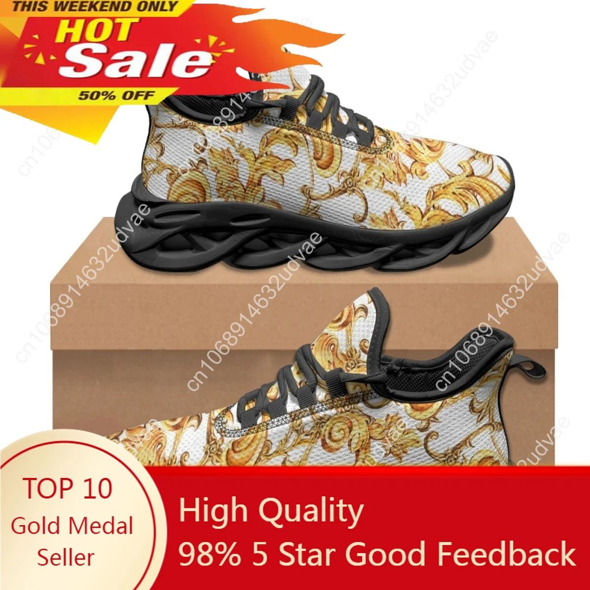 

Breathable Comfortable Summer Flats Shoes Gold Baroque Luxury Designer Sneakers Female Shock Absorbing Mesh Shoes Zapatos Mujer