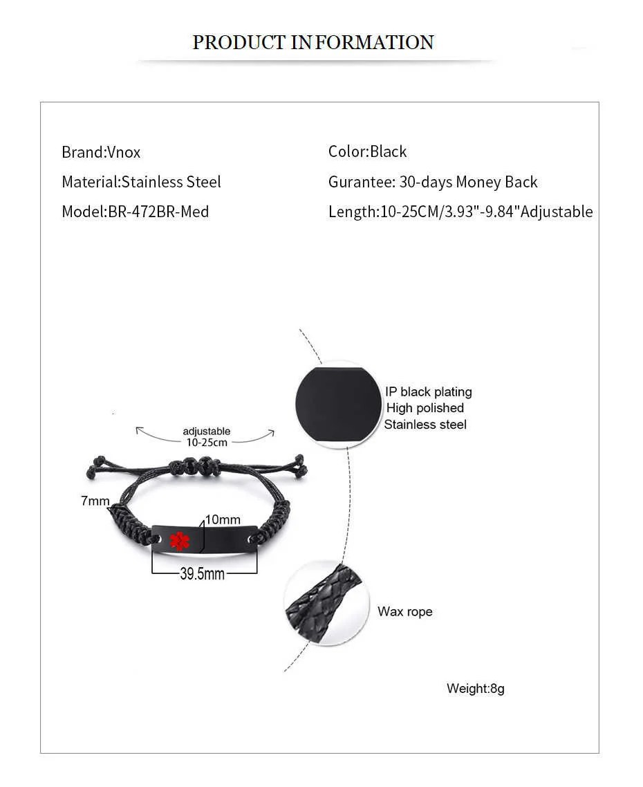 Vnox kostenlose benutzer definierte Edelstahl medizinische Alarm ID Armbänder für Frauen Mann Kinder lässige Größe verstellbare schwarze Schnur Seil Pulsira – Detail 4