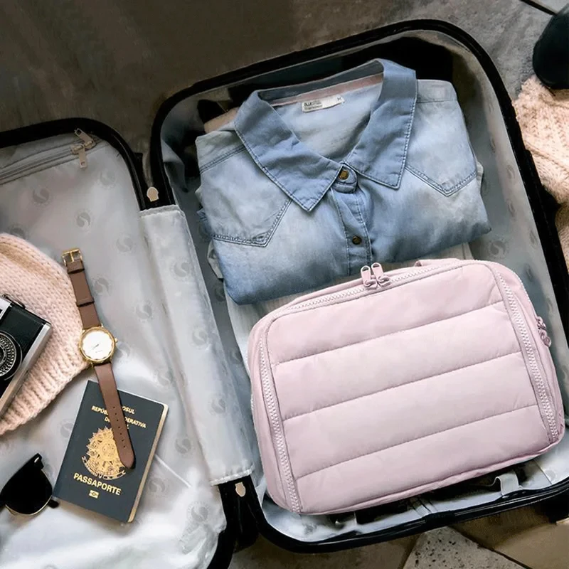 Large Travel Makeup Bag 180° Wide Opening Toiletry Organizer Water-Resistant Padded Cosmetic Case With Handle For_voghion.com